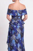 Load image into Gallery viewer, Navy Green Floral Mermaid Off the Shoulder Long Mother of the Bride Dress with Side Cape