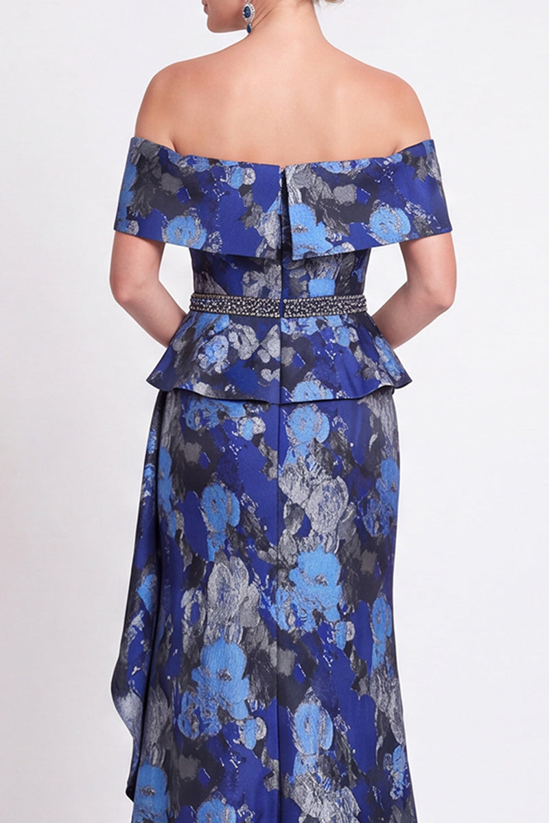 Load image into Gallery viewer, Navy Green Floral Mermaid Off the Shoulder Long Mother of the Bride Dress with Side Cape