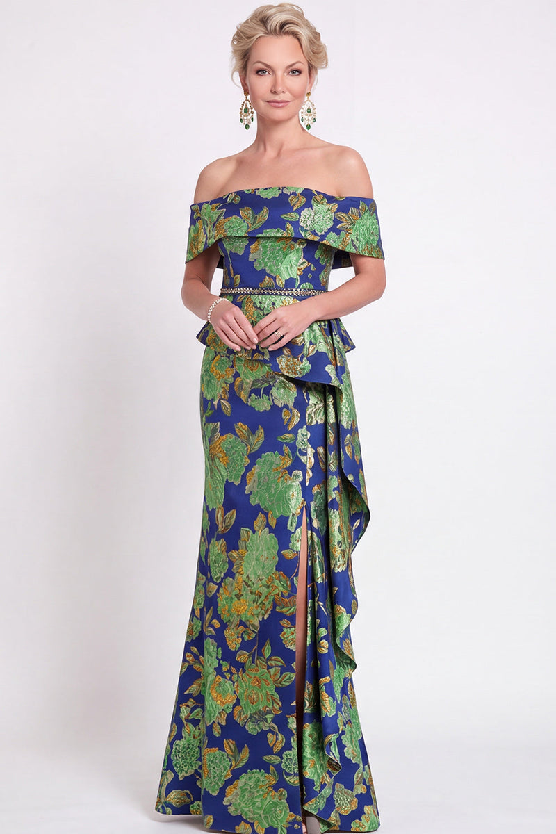Load image into Gallery viewer, Navy Green Floral Mermaid Off the Shoulder Long Mother of the Bride Dress with Side Cape
