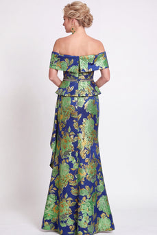 Navy Green Floral Mermaid Off the Shoulder Long Mother of the Bride Dress with Side Cape