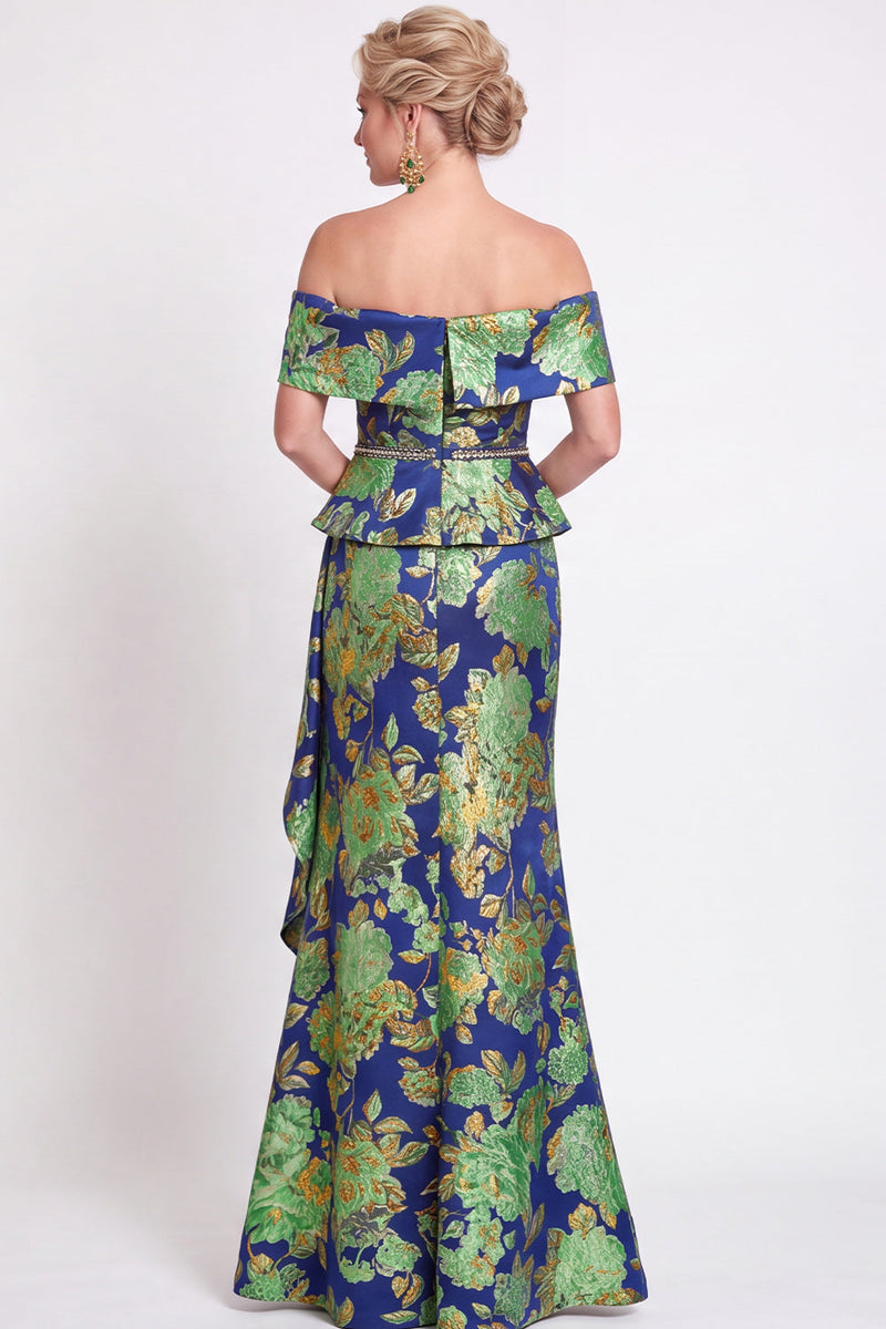 Load image into Gallery viewer, Navy Green Floral Mermaid Off the Shoulder Long Mother of the Bride Dress with Side Cape