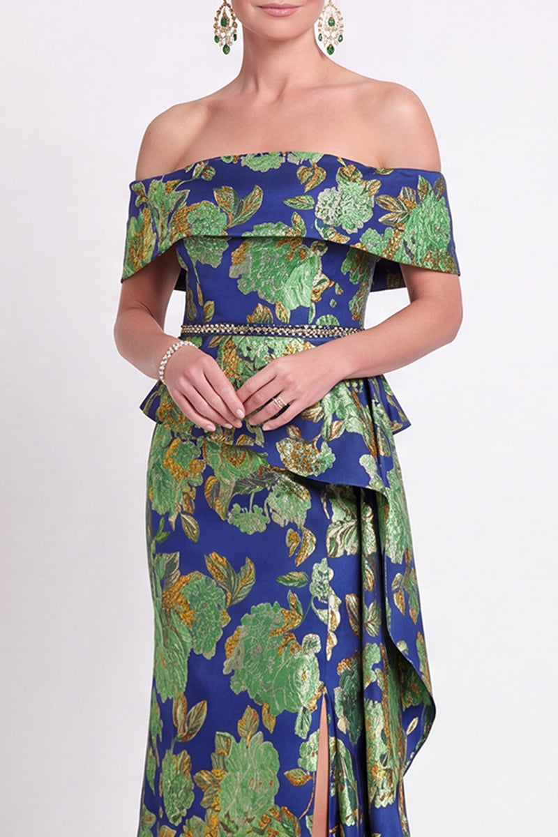 Load image into Gallery viewer, Navy Green Floral Mermaid Off the Shoulder Long Mother of the Bride Dress with Side Cape