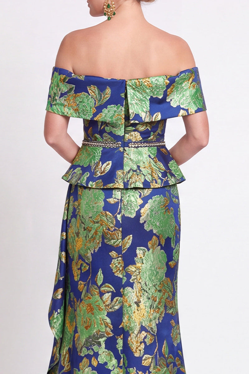 Load image into Gallery viewer, Navy Green Floral Mermaid Off the Shoulder Long Mother of the Bride Dress with Side Cape