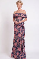 Load image into Gallery viewer, Navy Green Floral Mermaid Off the Shoulder Long Mother of the Bride Dress with Side Cape