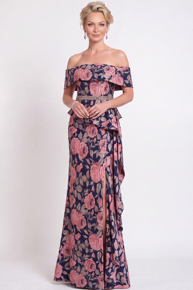 Load image into Gallery viewer, Navy Green Floral Mermaid Off the Shoulder Long Mother of the Bride Dress with Side Cape