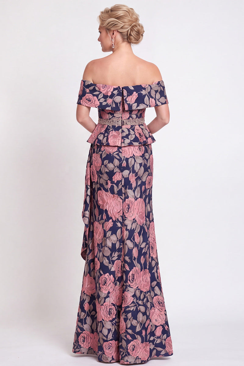 Load image into Gallery viewer, Navy Green Floral Mermaid Off the Shoulder Long Mother of the Bride Dress with Side Cape