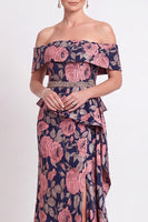 Load image into Gallery viewer, Navy Green Floral Mermaid Off the Shoulder Long Mother of the Bride Dress with Side Cape