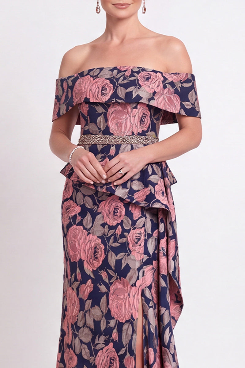 Load image into Gallery viewer, Navy Green Floral Mermaid Off the Shoulder Long Mother of the Bride Dress with Side Cape