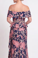 Load image into Gallery viewer, Navy Green Floral Mermaid Off the Shoulder Long Mother of the Bride Dress with Side Cape