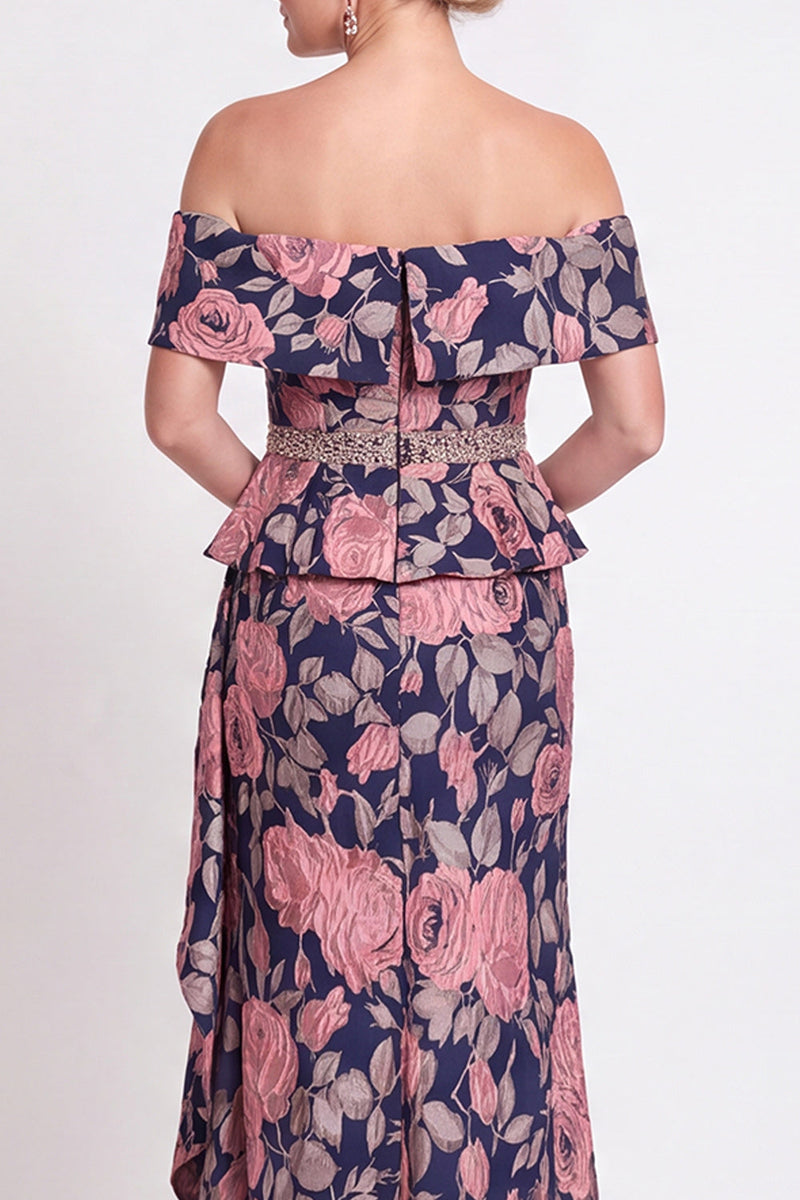 Load image into Gallery viewer, Navy Green Floral Mermaid Off the Shoulder Long Mother of the Bride Dress with Side Cape