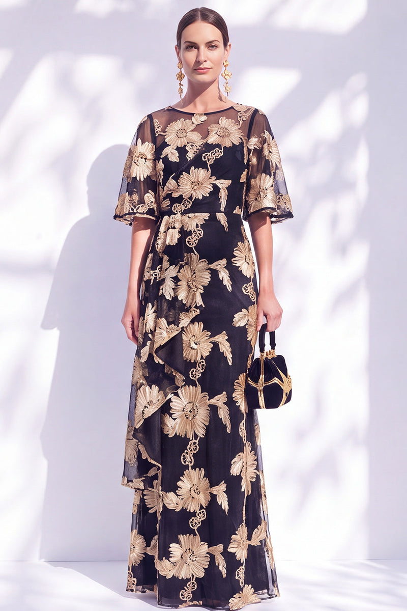 Load image into Gallery viewer, Black Champagne Floral Boat Neck Ruffled Mermaid Long Mother of the Bride Dress