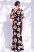 Load image into Gallery viewer, Black Champagne Floral Boat Neck Ruffled Mermaid Long Mother of the Bride Dress