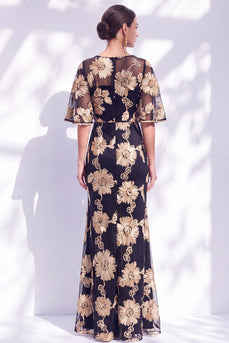 Black Champagne Floral Boat Neck Ruffled Mermaid Long Mother of the Bride Dress