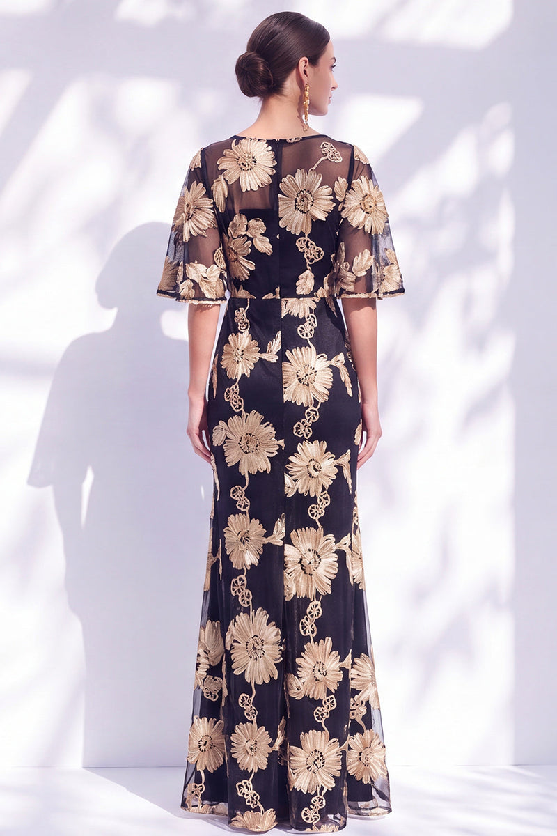 Load image into Gallery viewer, Black Champagne Floral Boat Neck Ruffled Mermaid Long Mother of the Bride Dress