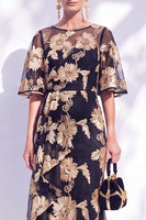 Load image into Gallery viewer, Black Champagne Floral Boat Neck Ruffled Mermaid Long Mother of the Bride Dress