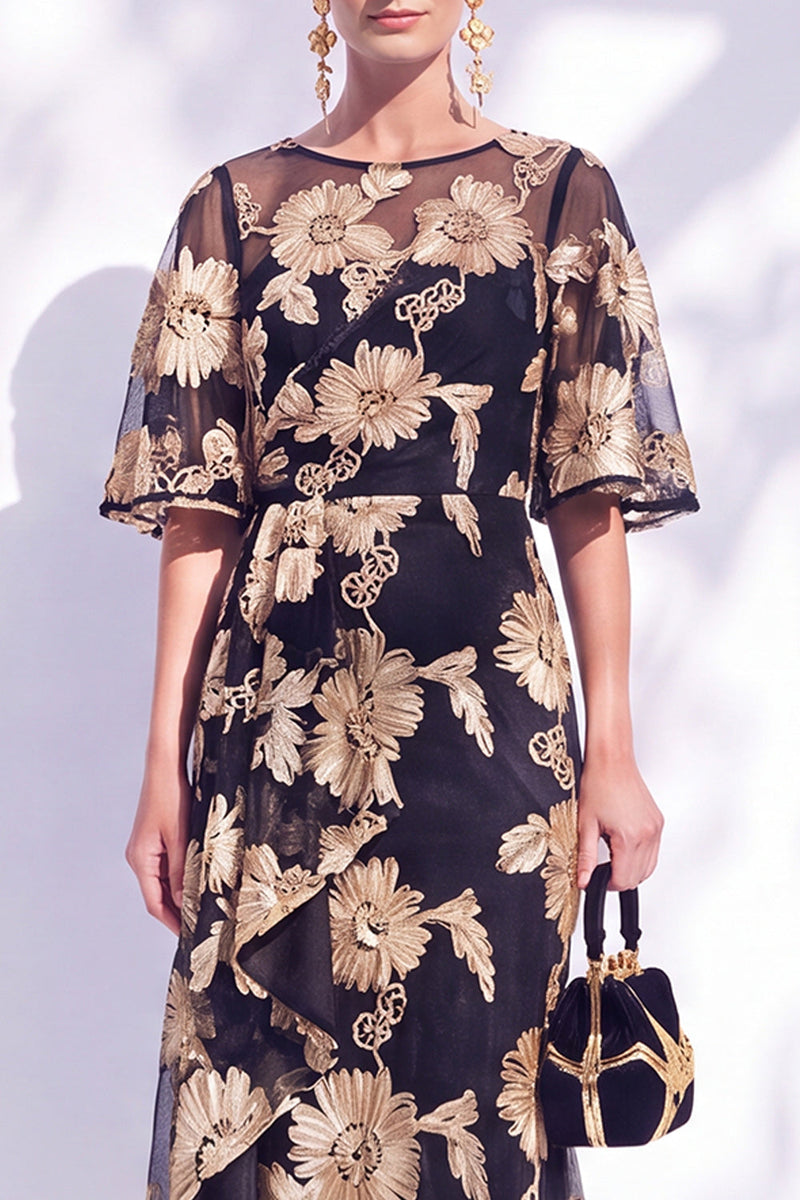 Load image into Gallery viewer, Black Champagne Floral Boat Neck Ruffled Mermaid Long Mother of the Bride Dress
