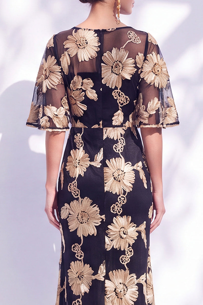 Load image into Gallery viewer, Black Champagne Floral Boat Neck Ruffled Mermaid Long Mother of the Bride Dress