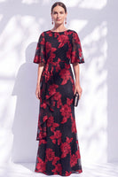Load image into Gallery viewer, Black Champagne Floral Boat Neck Ruffled Mermaid Long Mother of the Bride Dress