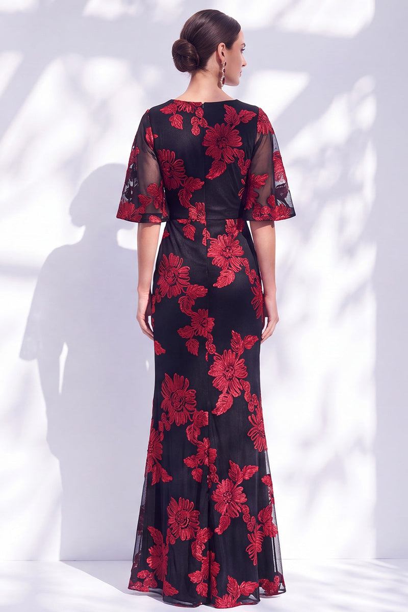 Load image into Gallery viewer, Black Champagne Floral Boat Neck Ruffled Mermaid Long Mother of the Bride Dress