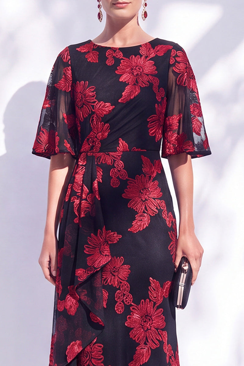 Load image into Gallery viewer, Black Champagne Floral Boat Neck Ruffled Mermaid Long Mother of the Bride Dress