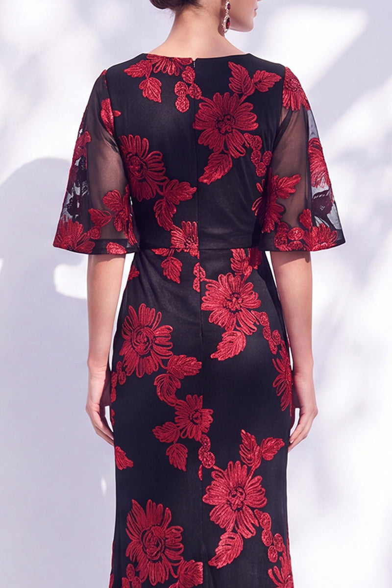 Load image into Gallery viewer, Black Champagne Floral Boat Neck Ruffled Mermaid Long Mother of the Bride Dress