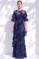 Load image into Gallery viewer, Black Champagne Floral Boat Neck Ruffled Mermaid Long Mother of the Bride Dress