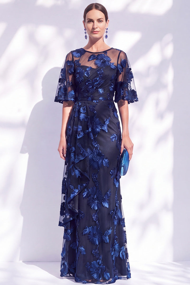 Load image into Gallery viewer, Black Champagne Floral Boat Neck Ruffled Mermaid Long Mother of the Bride Dress