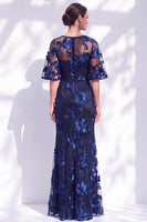 Load image into Gallery viewer, Black Champagne Floral Boat Neck Ruffled Mermaid Long Mother of the Bride Dress