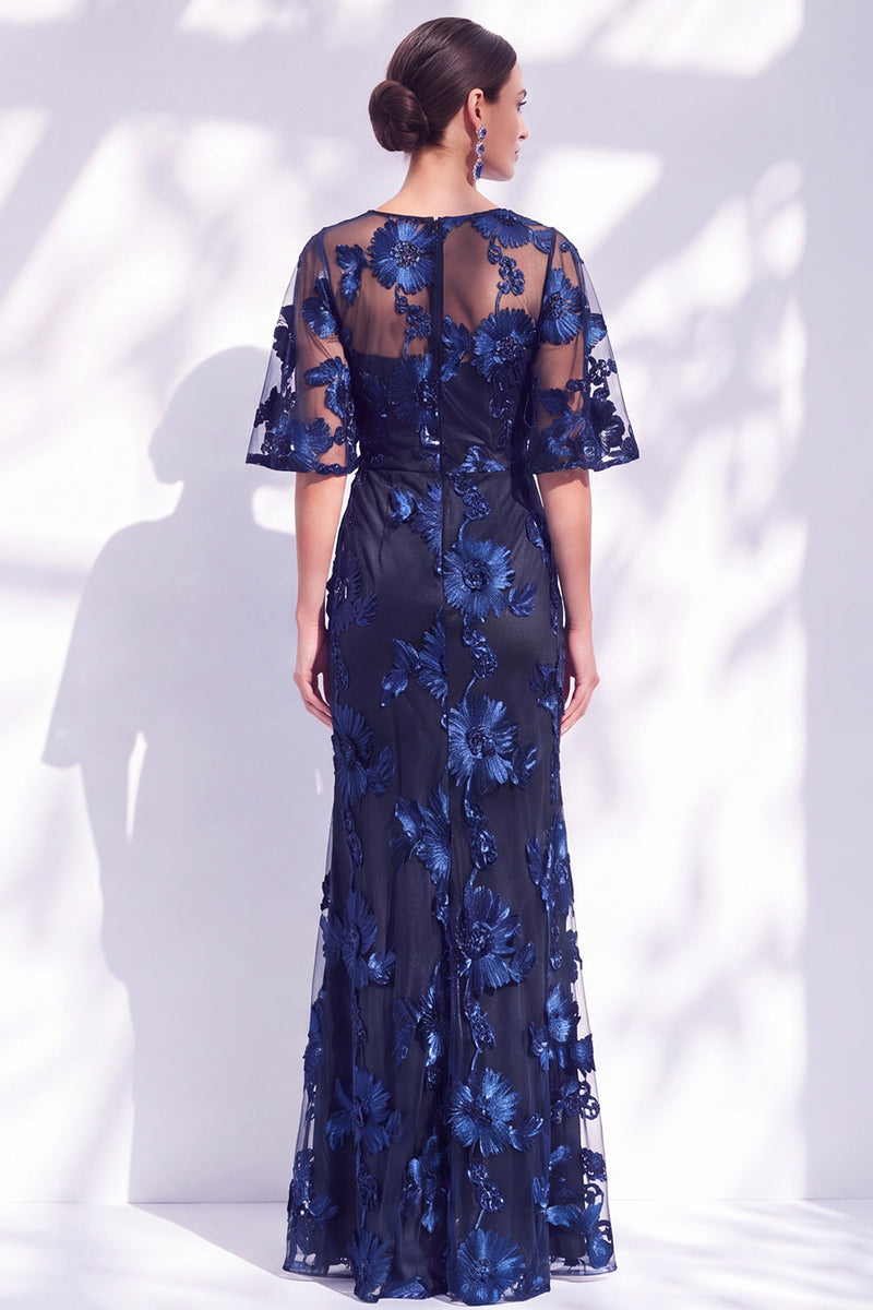 Load image into Gallery viewer, Black Champagne Floral Boat Neck Ruffled Mermaid Long Mother of the Bride Dress