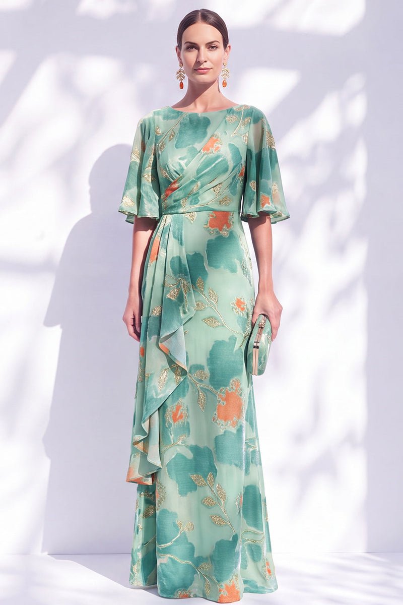 Load image into Gallery viewer, Green Orange Floral Mermaid Long Mother of the Bride Dress with Sleeves