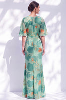 Load image into Gallery viewer, Green Orange Floral Mermaid Long Mother of the Bride Dress with Sleeves