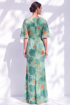 Green Orange Floral Mermaid Long Mother of the Bride Dress with Sleeves