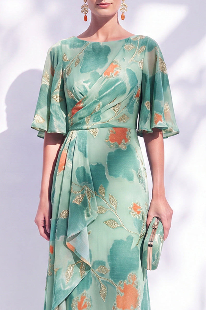 Load image into Gallery viewer, Green Orange Floral Mermaid Long Mother of the Bride Dress with Sleeves
