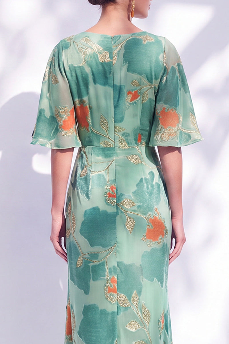 Load image into Gallery viewer, Green Orange Floral Mermaid Long Mother of the Bride Dress with Sleeves