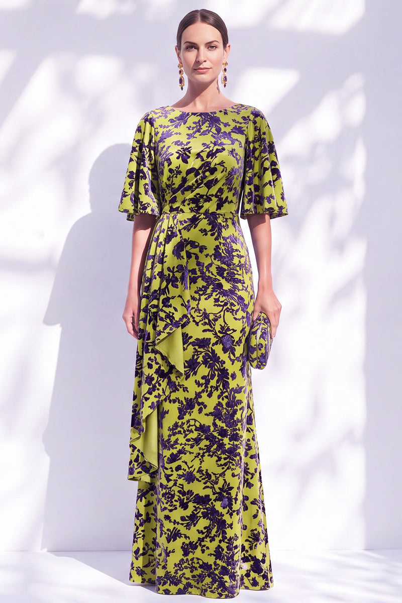 Load image into Gallery viewer, Green Orange Floral Mermaid Long Mother of the Bride Dress with Sleeves