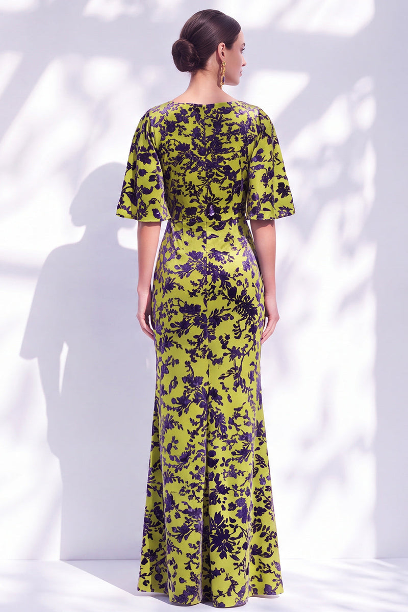 Load image into Gallery viewer, Green Orange Floral Mermaid Long Mother of the Bride Dress with Sleeves