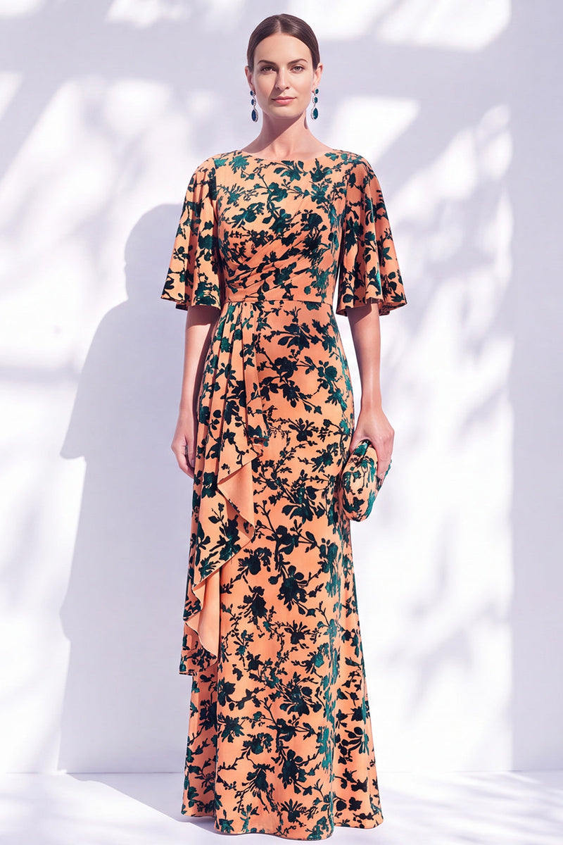 Load image into Gallery viewer, Green Orange Floral Mermaid Long Mother of the Bride Dress with Sleeves