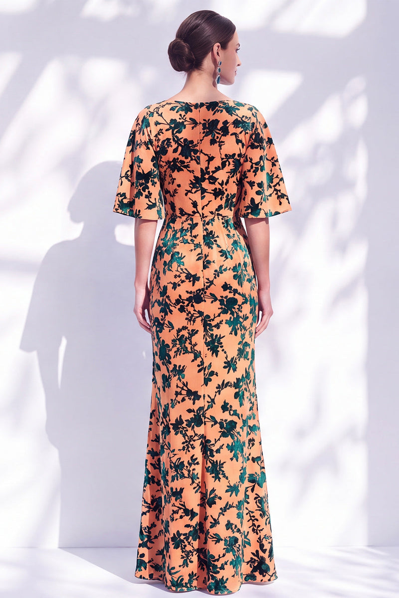 Load image into Gallery viewer, Green Orange Floral Mermaid Long Mother of the Bride Dress with Sleeves