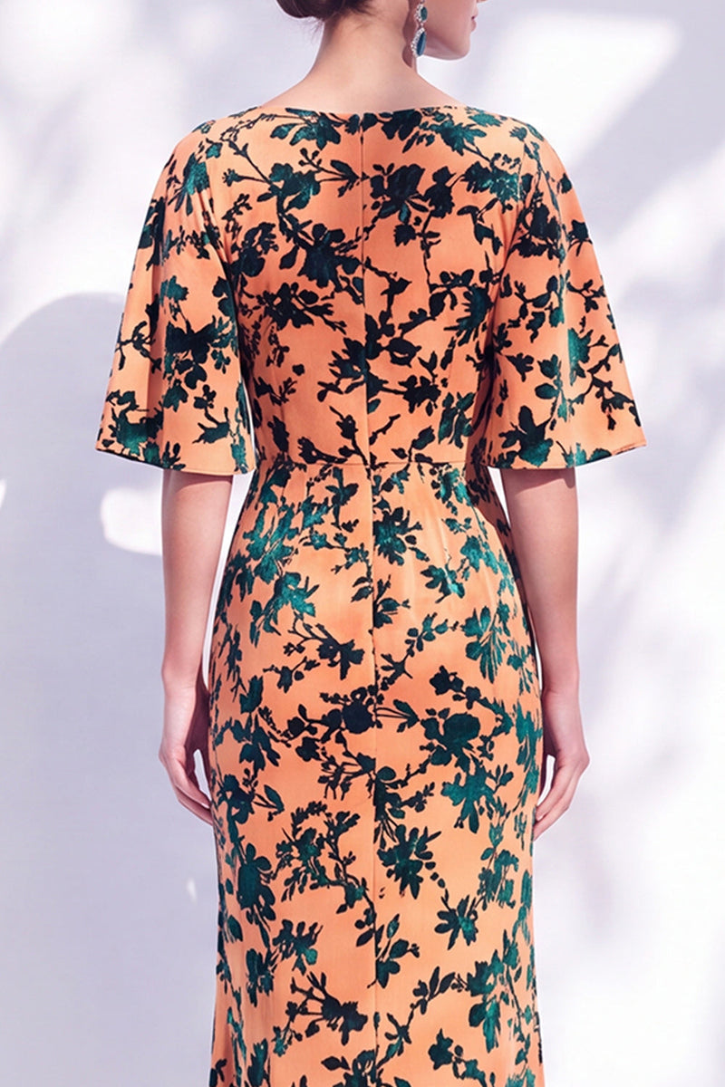 Load image into Gallery viewer, Green Orange Floral Mermaid Long Mother of the Bride Dress with Sleeves