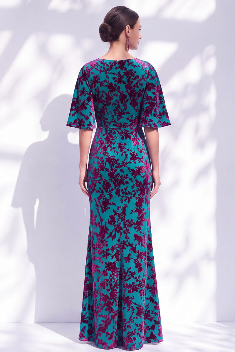 Load image into Gallery viewer, Green Orange Floral Mermaid Long Mother of the Bride Dress with Sleeves