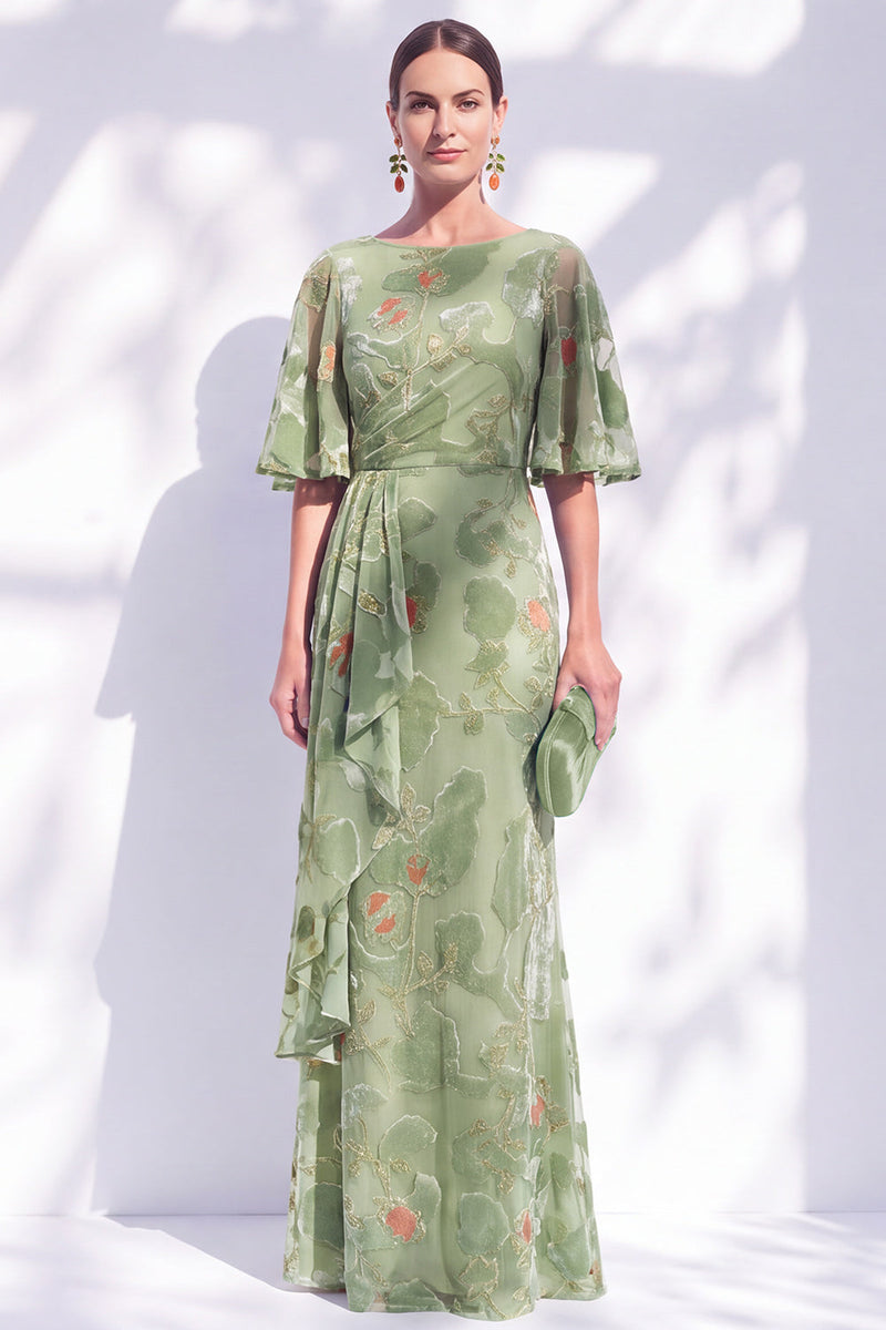 Load image into Gallery viewer, Green Orange Floral Mermaid Long Mother of the Bride Dress with Sleeves
