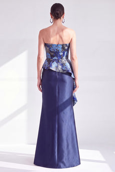 Navy Blue Ruffled Mermaid Strapless Long Mother of the Bride Dress