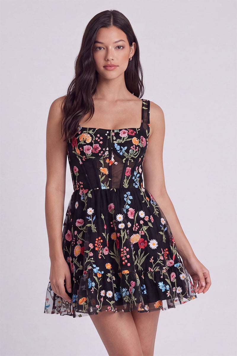 Load image into Gallery viewer, Ivory Square Neck Corset A Line Floral Short Cocktail Dress