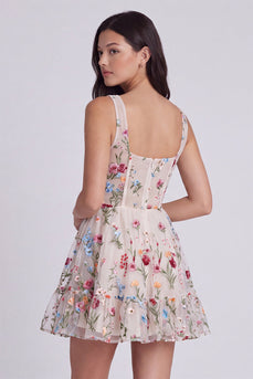 Ivory Square Neck Corset A Line Floral Short Cocktail Dress