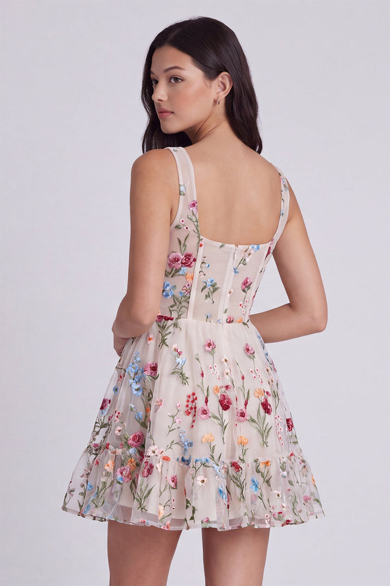Load image into Gallery viewer, Ivory Square Neck Corset A Line Floral Short Cocktail Dress