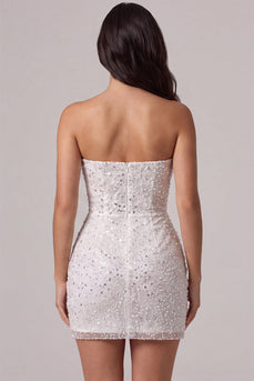 Sparkly Ivory Corset Tight Strapless Sequin Short Cocktail Dress
