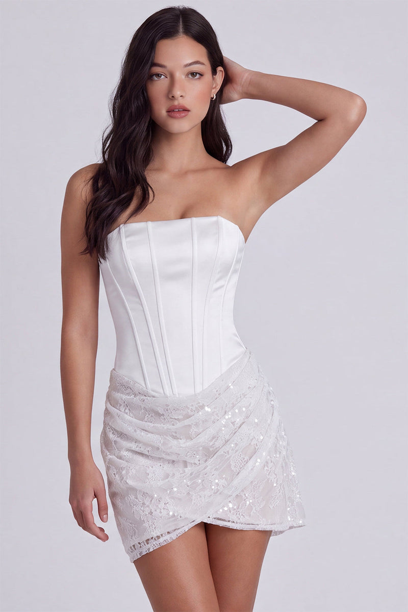 Load image into Gallery viewer, Ivory Lace Corset Strapless Tight Ruched Short Cocktail Dress