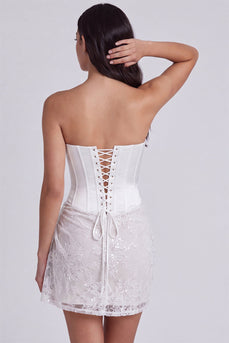 Ivory Lace Corset Strapless Tight Ruched Short Cocktail Dress