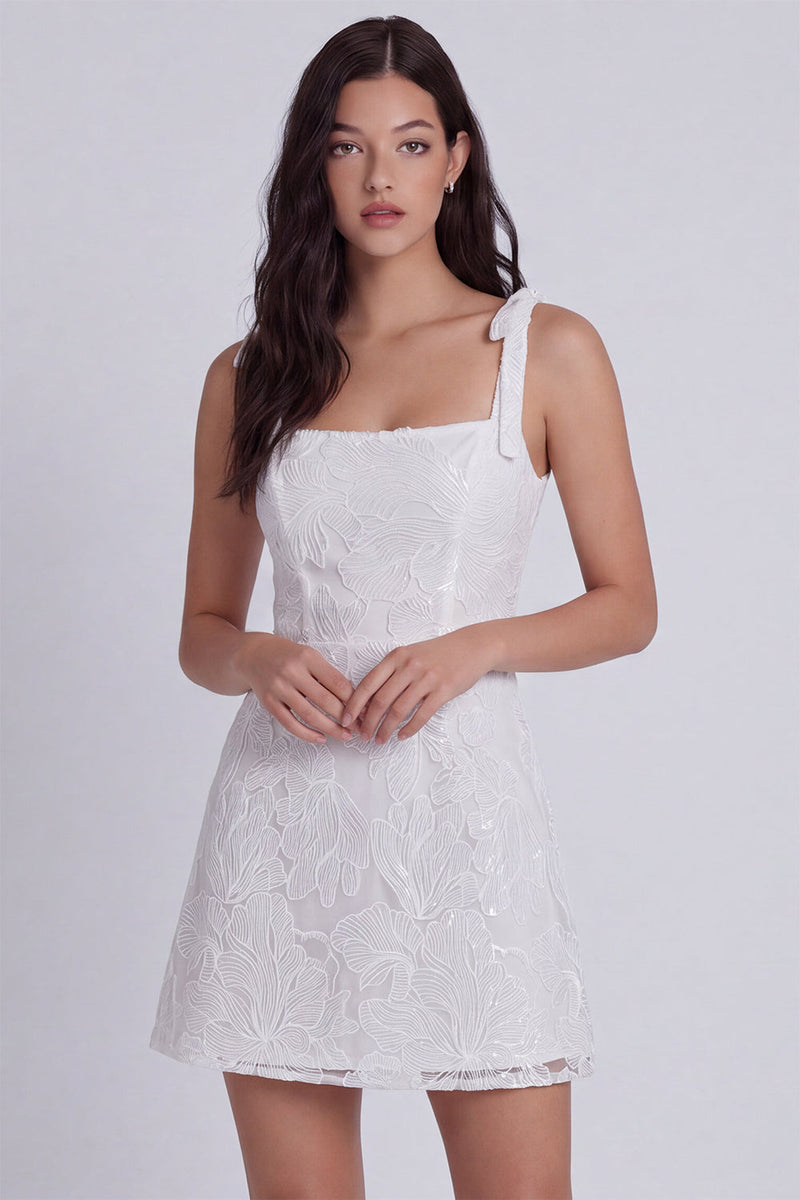 Load image into Gallery viewer, Ivory Floral A-Line Square Neck Short Graduation Dress with Bows
