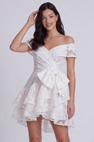 Load image into Gallery viewer, Ivory Floral A Line Corset Tiered Short Graduation Dress with Bow